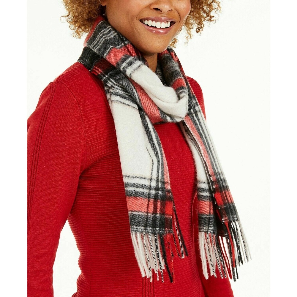 Charter Club women's  Woven 100% Cashmere Scarf Red Black white‎ Plaid